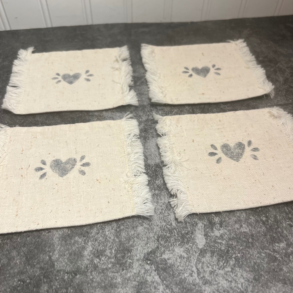 Vintage Fabric Coasters Stamped Blue Hearts | Cottage